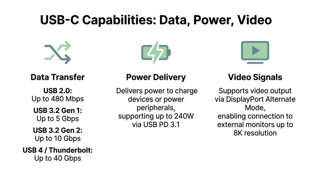 The same USB-C connector can support different power, data and video capabilities.